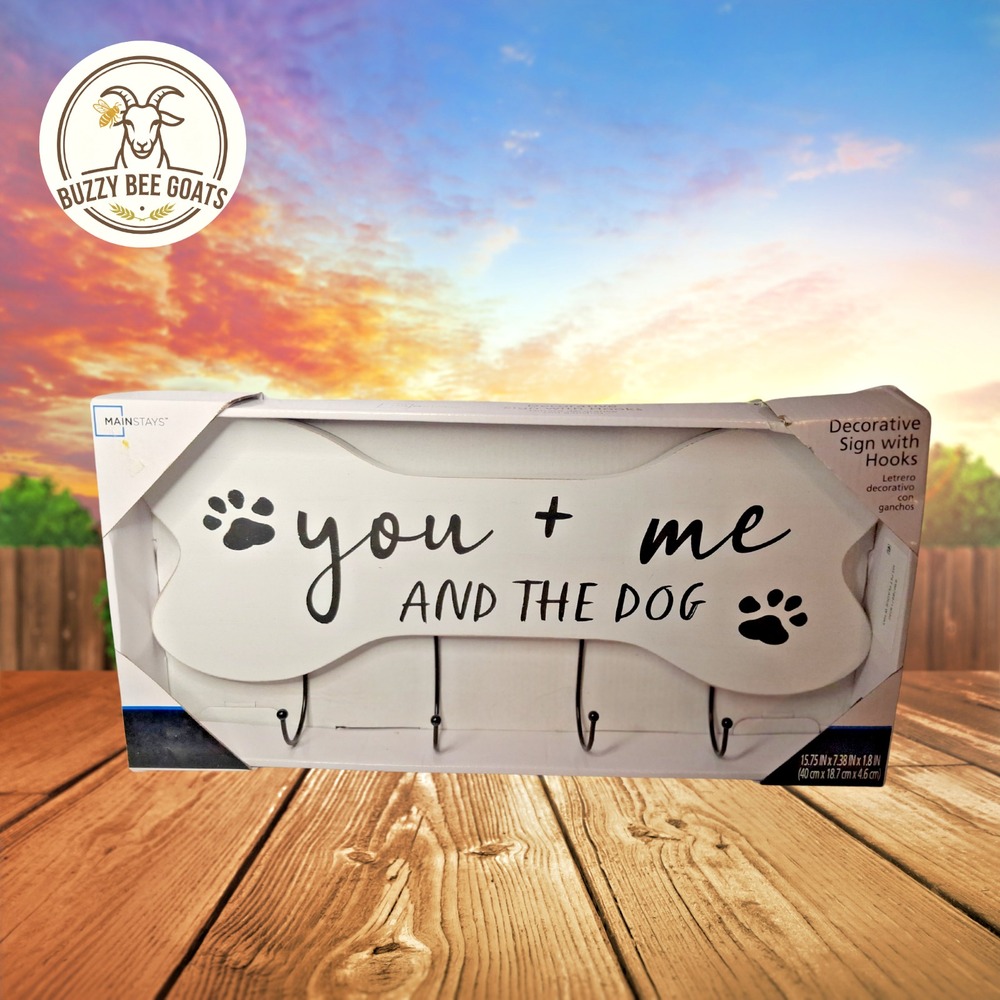 Mainstays Wooden Decorative Wall Sign Hooks "You + Me AND THE DOG" Farmhouse